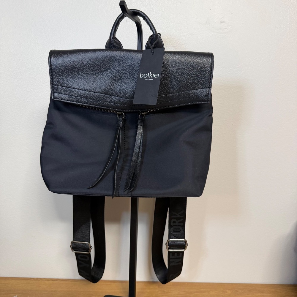 Botkier New York Trigger Black Nylon‎ Leather Flap Backpack Logo Straps NEW